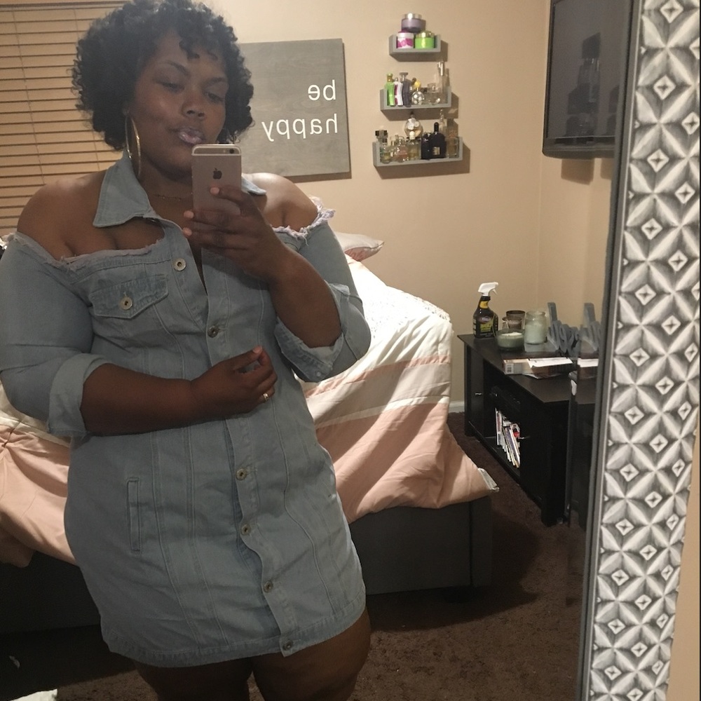 Denim cold shoulder jacket (worn as a dress)